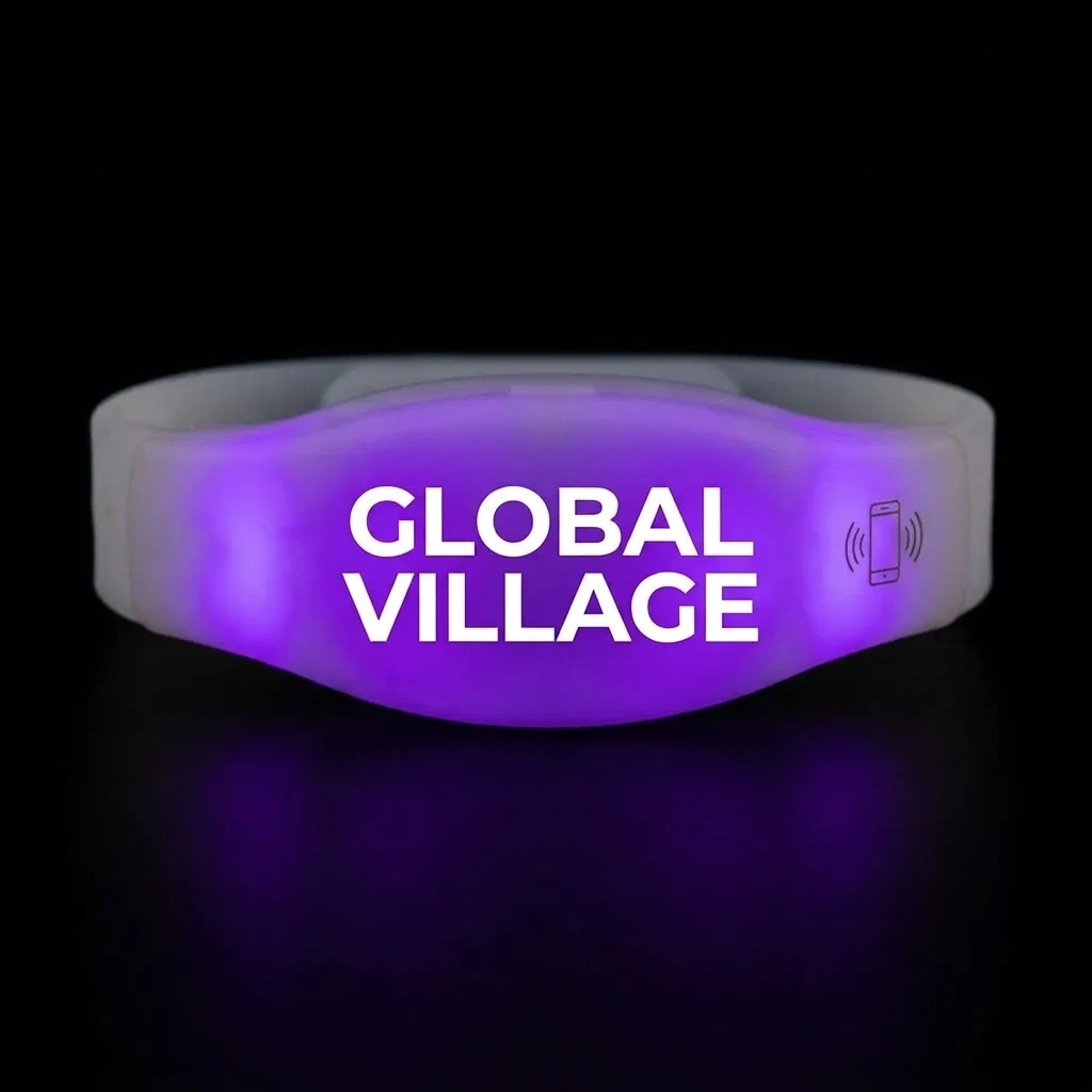 Bracelet LED lumineux avec marquage Global Village et pictogramme NFC
