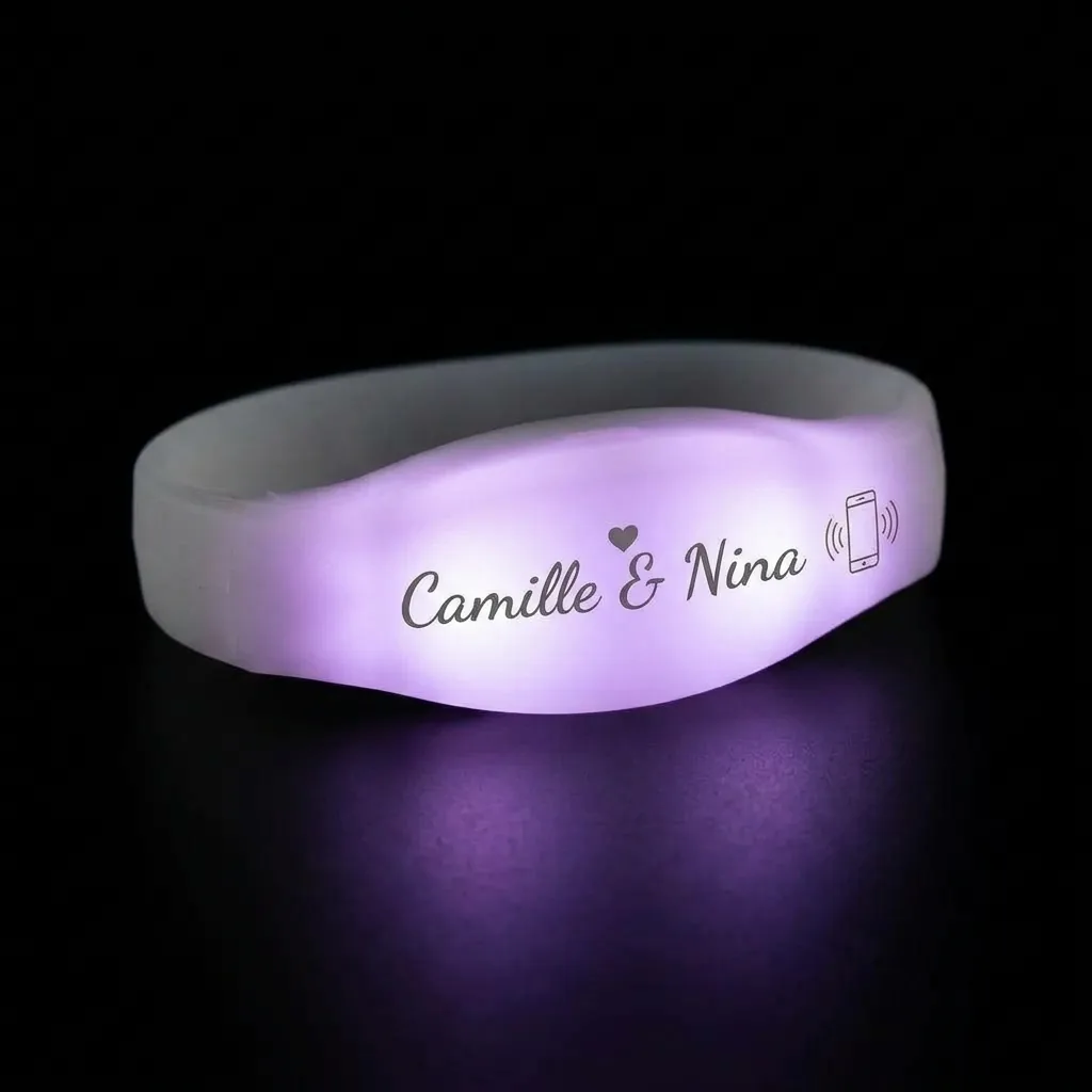 Bracelet LED lumineux avec marquage Camille & Nina et pictogramme NFC