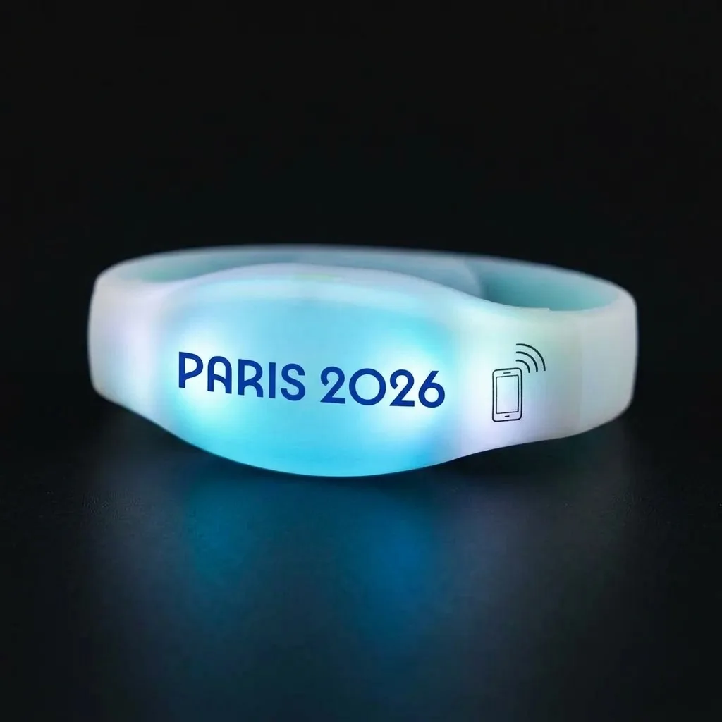 Bracelet LED lumineux avec marquage Paris 2026 et pictogramme NFC