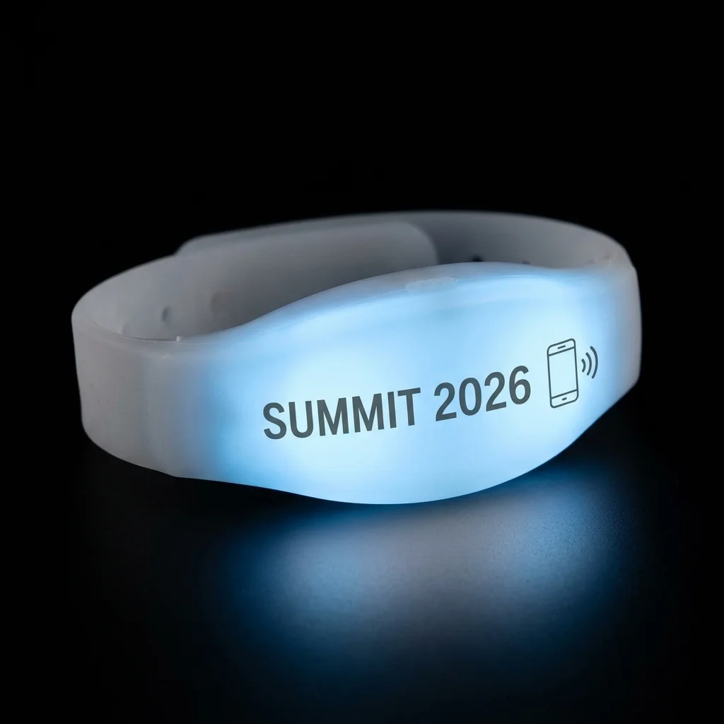 Bracelet LED lumineux avec marquage Summit 2026 et pictogramme NFC
