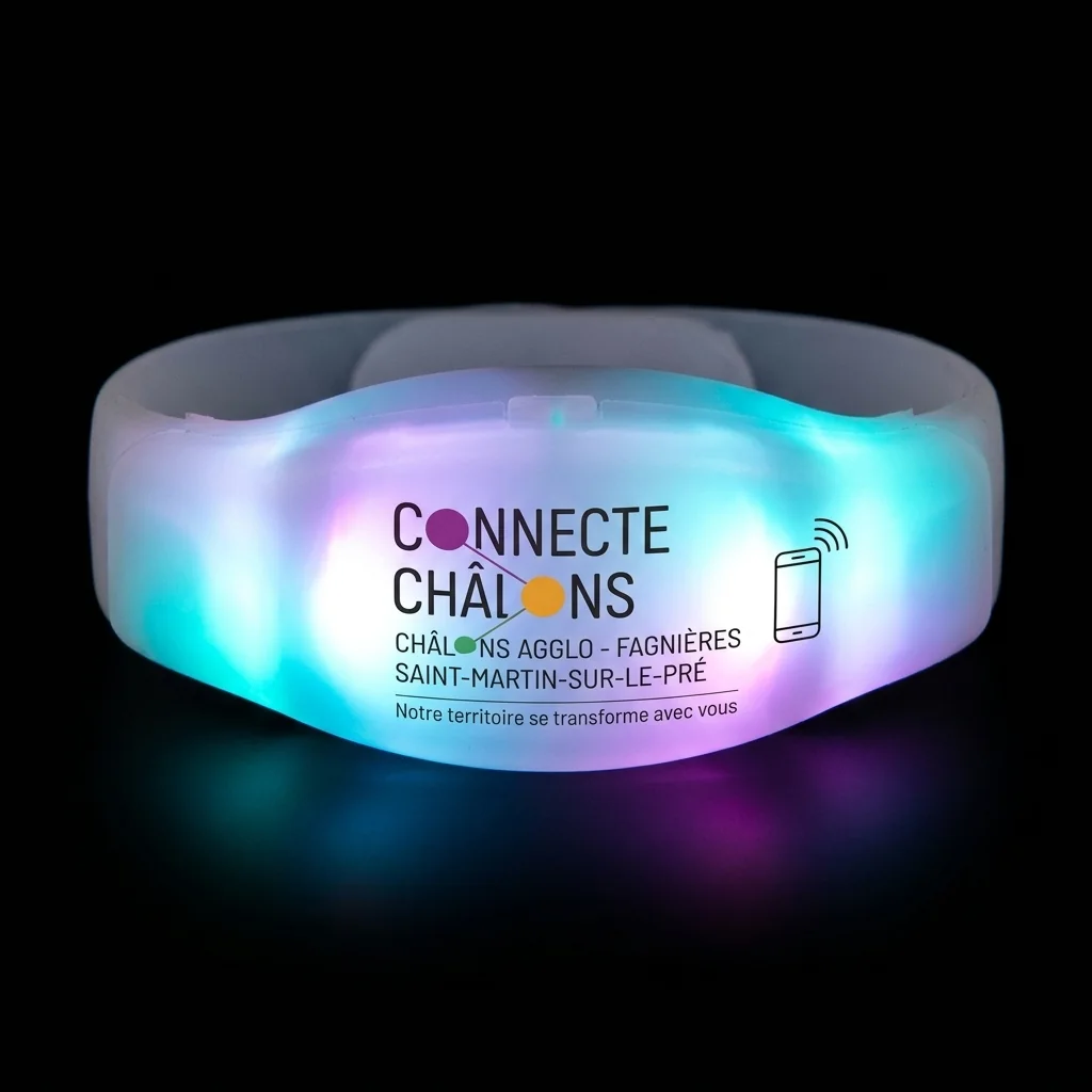 Bracelet LED lumineux avec marquage Connecte Châlons et pictogramme NFC